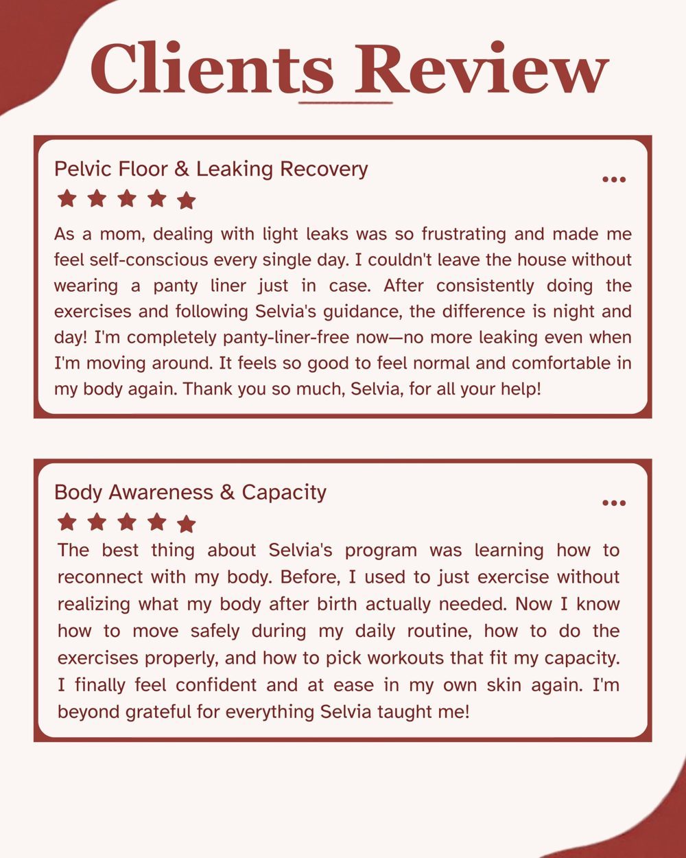 Two five-star client reviews: Pelvic floor and leaking recovery, and Body awareness and capacity