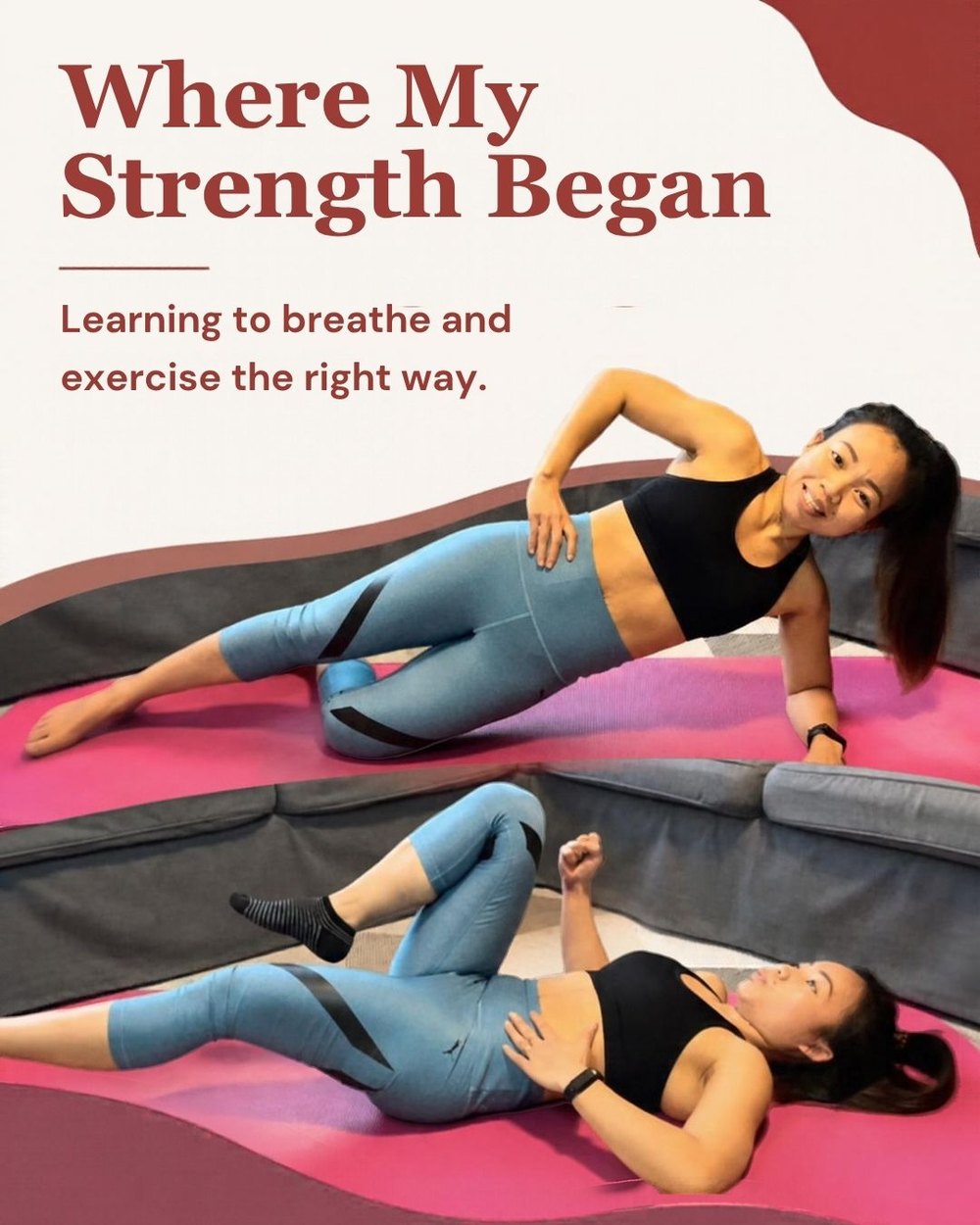 Selvia practicing breathing and core exercises on a mat